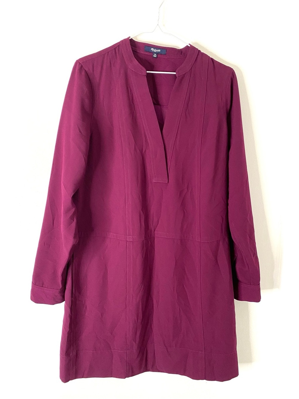 Madewell Plum Director Shift Dress Long Sleeve Split Neck Seam Detail